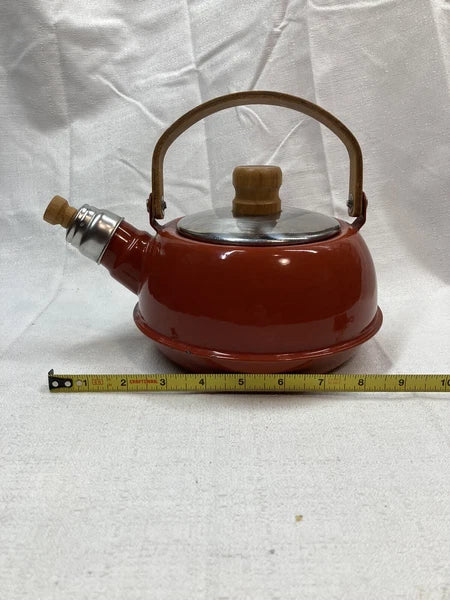 Vintage Teapot Kettle Brown MCM Retro Wooden Handle Japan Coffee Enamel