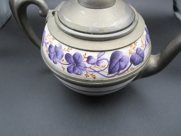Graniteware enamel pewter teapot purple floral design Manning, Bowman Co.