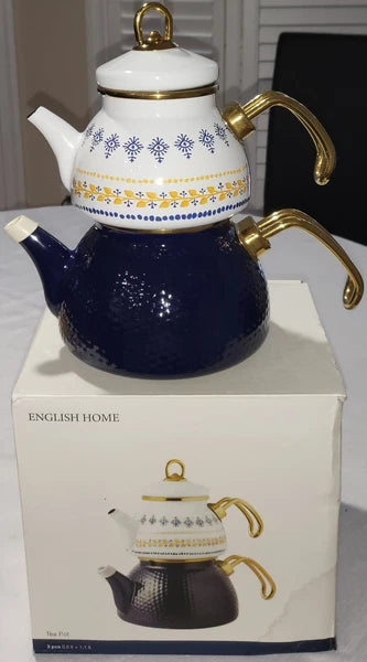 Ethnic Enamel tea pot set, NEW,  in box, set 3 pcs, Upper 0.5 LT / Lower 1.1 LT