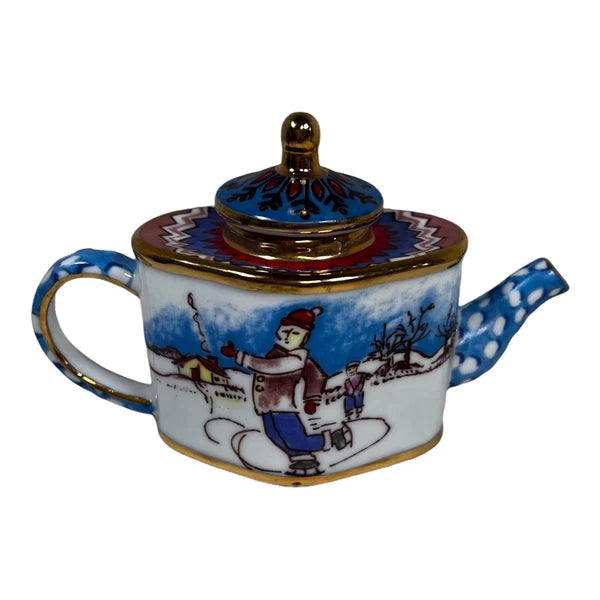 Miniature Ceramic Teapot Snowy Christmas Ice Skating Village Pond Mini Enamel