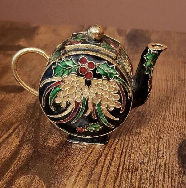 Miniature Decorative Enamel Teapot Black Gold Red Green Cloisonne Holly Berry