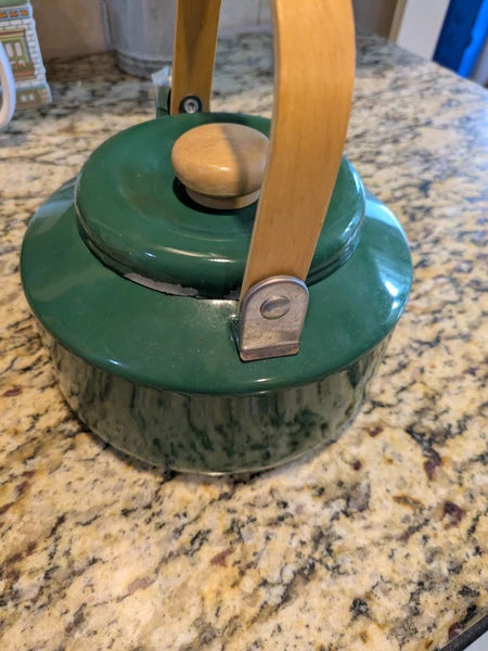 Vintage Green Enamel Tea Kettle with Wood Handle