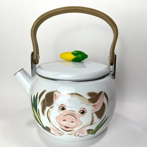 Vtg Enamel Tea Kettle With Pig And Plastic Corn Lid Handle Wood Handle
