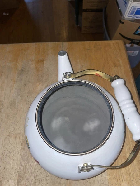 VINTAGE Enamelware Tea Kettle/Pot White/Red Flowers