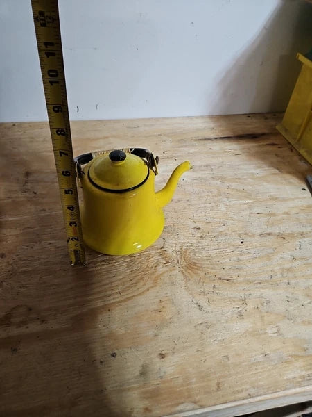 Vintage yellow and black enamel teapot kettle with handle and lid Japan