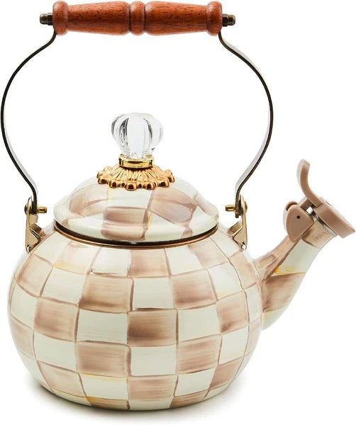 Enamel Whistling Tea Kettle, Decorative Teapot for Stovetop, Brown-And-White Moc
