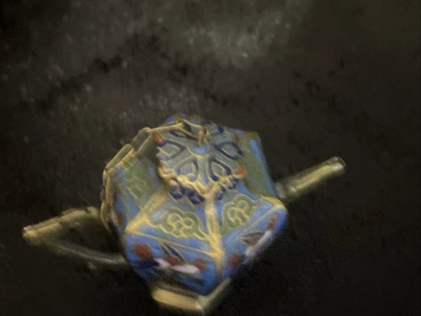 VTG  CLOISONNE ENAMEL ON BRASS HEXAGONAL TEA POT, BIRDS FLORAL pl