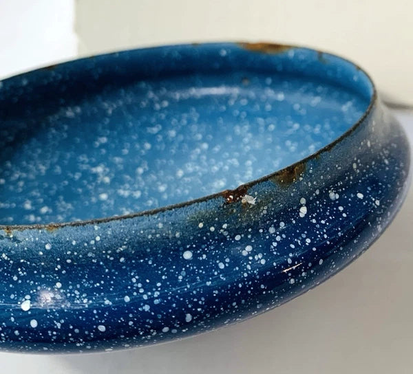 Vintage Cobalt Blue & White Speckled Enamelware Tea Pot Camping Kettle