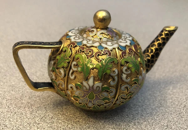 Vintage Cloisonne Enamel and Bronze Small "Pumpkin" Teapot, Black Tip, Pink Top