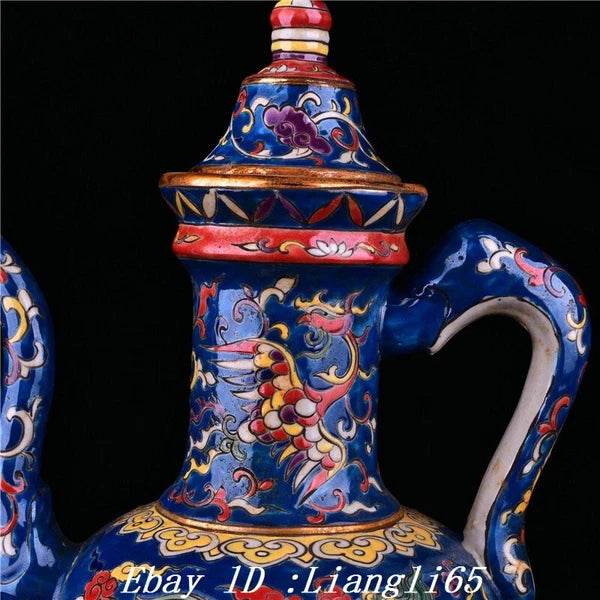 12.5" Enamel Colour Porcelain Gilt Kylin Kirin Phoenix Birds Wine Tea Pot Flagon-