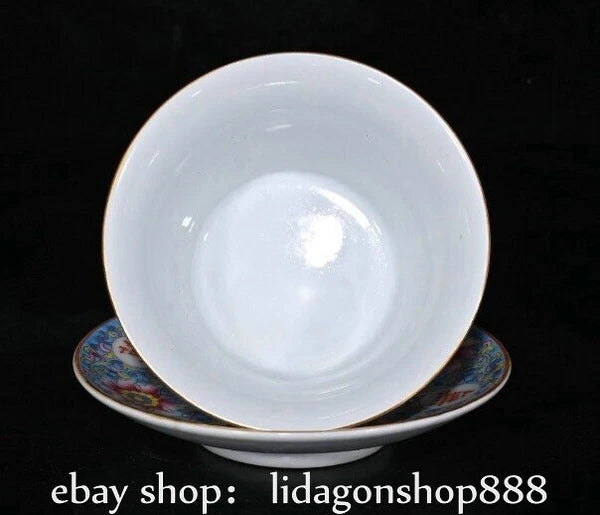 4.4" Yongzheng Marked Enamel Porcelain Flower Words Pattern Tea Cup Gaiwan Pair