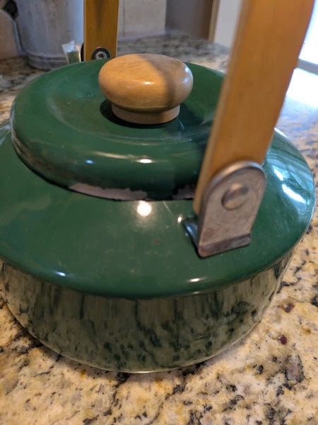 Vintage Green Enamel Tea Kettle with Wood Handle
