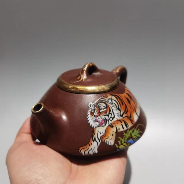 Yixing Purple Clay Teapot Hand-Coiled Ceremony Drainer Enameled Gilded Sculpted