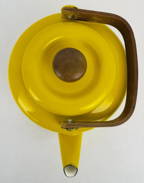 Vintage Yellow Enamel Teapot Tea Kettle MCM Teak Wood Handle