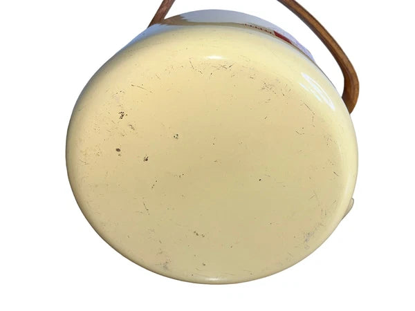 VTG Enamel Coated  Farmhouse Tea Kettle Wooden Handle Cream W/ Red Barn Rooster