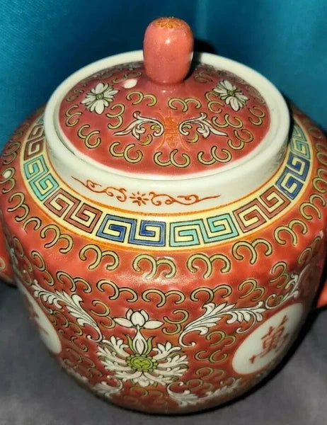 Vintage Chinese Red Enamel Porcelain "Mun Shou" Longevity Collectible Large Teap