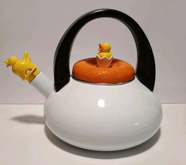 Vintage Enamelware Baby Chick In Nest Tea Kettle Pot