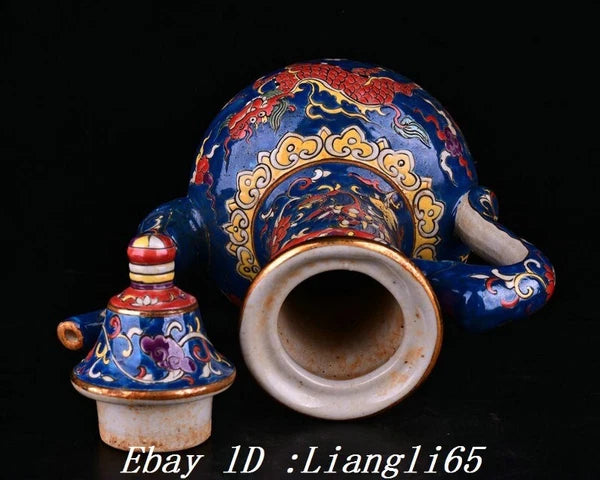 12.5" Enamel Colour Porcelain Gilt Kylin Kirin Phoenix Birds Wine Tea Pot Flagon-
