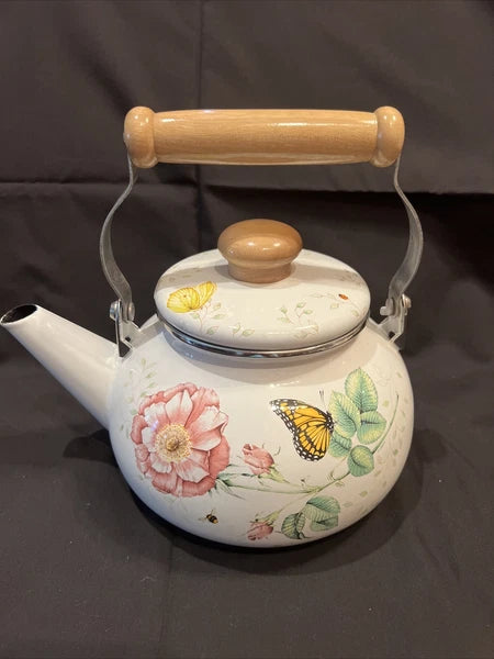 Lenox Butterfly Meadow Floral Enamel Tea Pot Teapot Kettle with Minor Issues