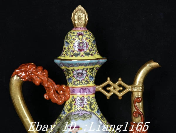 12.5" Qing Enamel Colour Porcelain Gilt Dragon Handle Beauty Wine Tea Pot Flagon-
