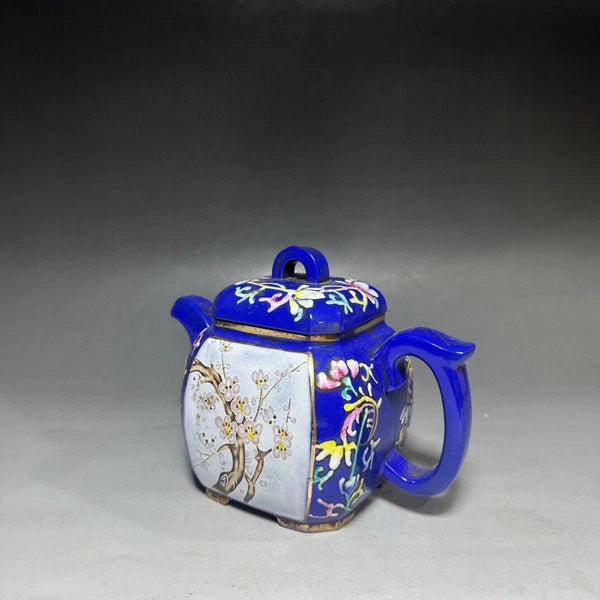 Purple Clay Teapot Gongfu Strainers Zisha Sculpture Square Chamfered Enamel Hand