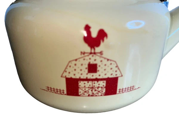 VTG Enamel Coated  Farmhouse Tea Kettle Wooden Handle Cream W/ Red Barn Rooster