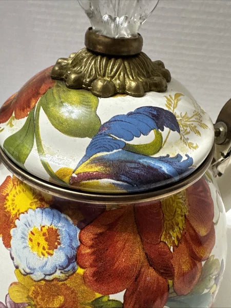 MacKenzie-Childs White Flower Market 3 Quart Qt Tea Kettle Enamel Teapot