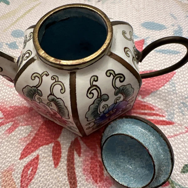Mini Chinese Cloisonné Enameled Floral Glaze White Blue Pink Teapot 4” L - 3” H