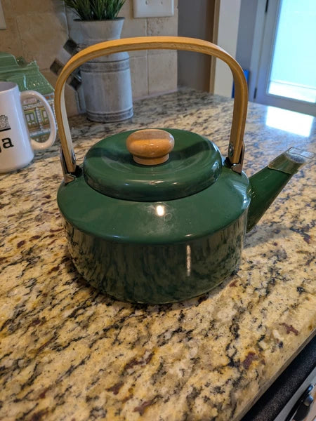 Vintage Green Enamel Tea Kettle with Wood Handle