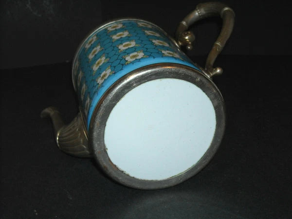 Pewter-Trimmed Blue & White Graniteware APPLE BLOSSOM Teapot - Enamel Ware