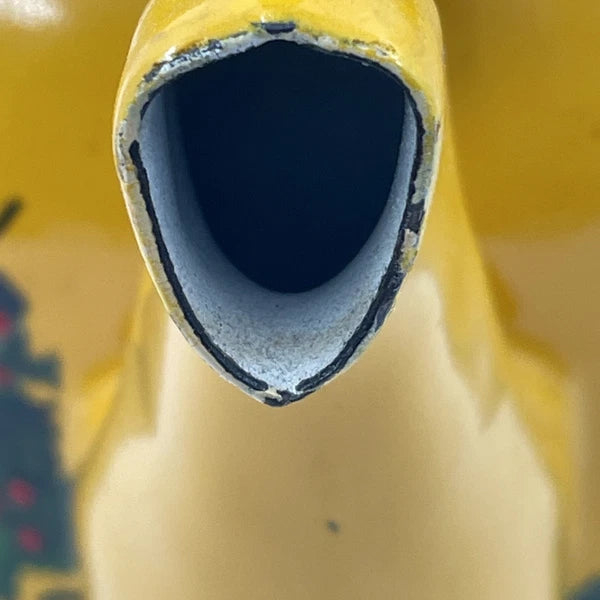 Vtg Hand Painted MCM Yellow Enamel Tea Kettle with Teak Wood Handle and Knob