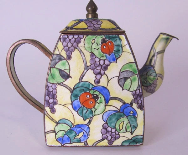 Enamel Mini Teapot yellow with flowers, 2''x1"1/2x3" excellent condition