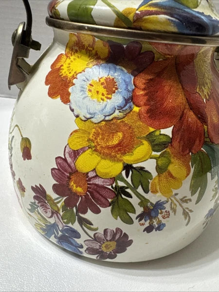 MacKenzie-Childs White Flower Market 3 Quart Qt Tea Kettle Enamel Teapot