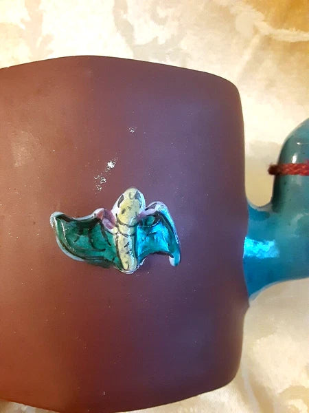 Chinese Yixing Clay Teapot w/Teal Enamel Handle & Winter Friends Signed