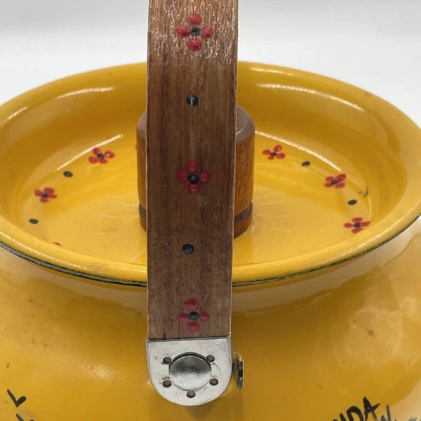 Vtg Hand Painted MCM Yellow Enamel Tea Kettle with Teak Wood Handle and Knob
