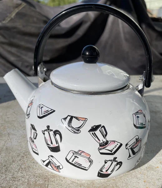 Vintage Retro Enamel Tea Pot Adorned With Pink Black 50’s Appliance Pictures
