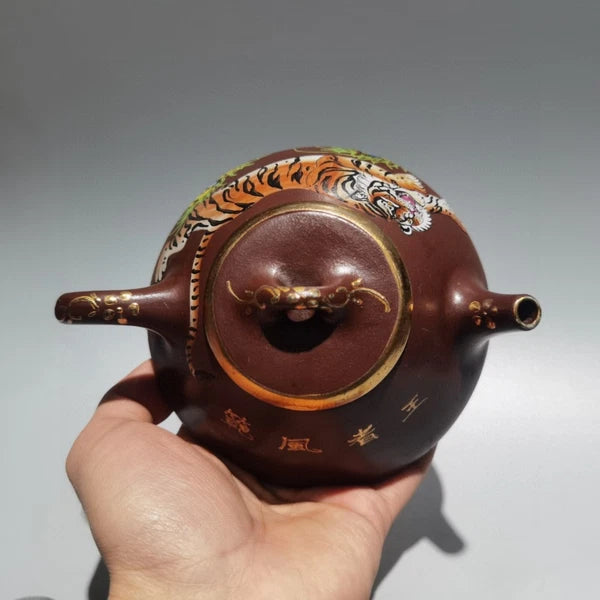 Yixing Purple Clay Teapot Hand-Coiled Ceremony Drainer Enameled Gilded Sculpted