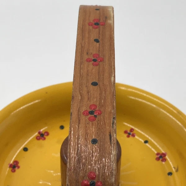 Vtg Hand Painted MCM Yellow Enamel Tea Kettle with Teak Wood Handle and Knob