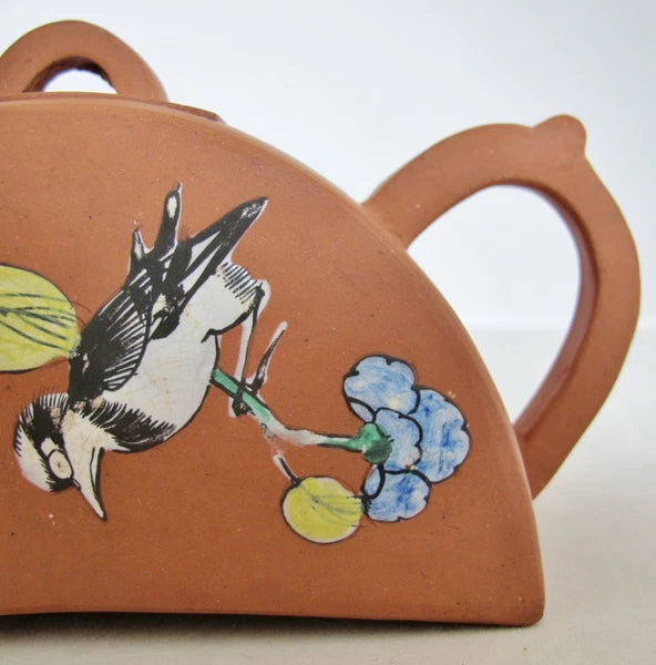 Chinese YIXING Clay Teapot w/ Enameled Bird, Branches & Flowers  (6.7")