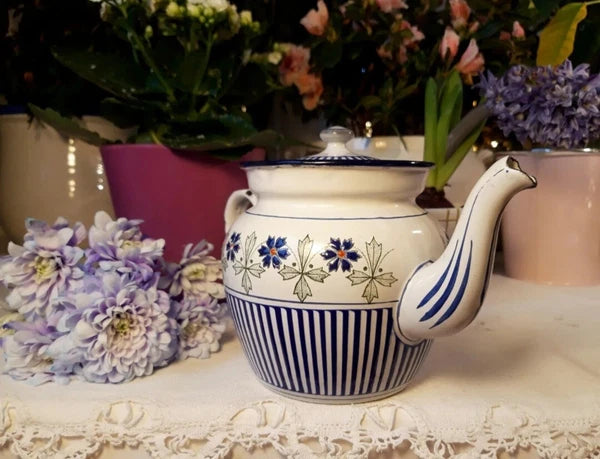 RARE antique enameled french teapot BB freres blue flowers stripes 1930 Art Deco