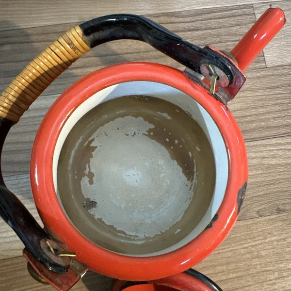 Vintage Midcentury Modern Enamelware Teapot OTTO Japan Bamboo Handle Preowned