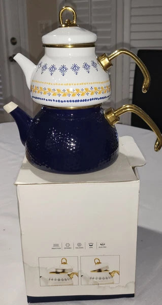 Ethnic Enamel tea pot set, NEW,  in box, set 3 pcs, Upper 0.5 LT / Lower 1.1 LT