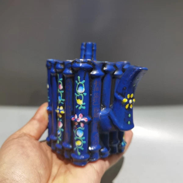 Chinese Clay Pot Purple Sand Fired Bamboo Enamel Square Sculpture Oriental Decor