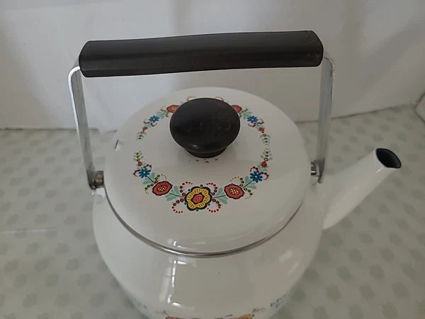 VINTAGE BERGGREN SWEDISH ENAMELWARE TEAPOT TEA KETTLE ROSEMALING FOLK ART