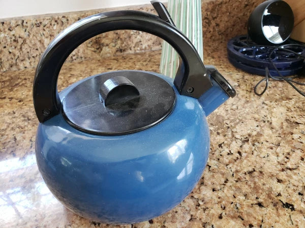 Kamenstein Vintage Enamel Blue Tea Kettle Whistling Cute Teapot Made in Japan