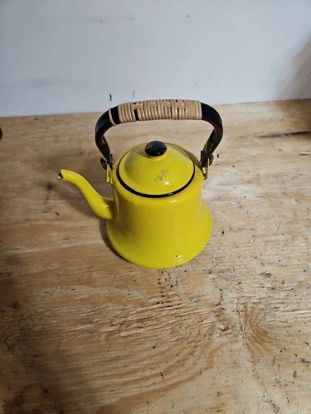 Vintage yellow and black enamel teapot kettle with handle and lid Japan