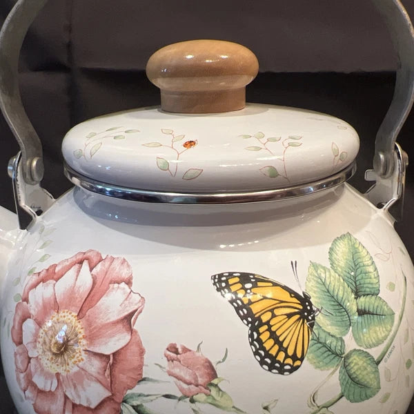 Lenox Butterfly Meadow Floral Enamel Tea Pot Teapot Kettle with Minor Issues