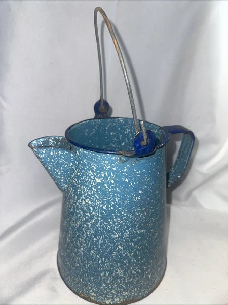 Enamel Speckled Coffee Tea Pot  Blue White Country Kettle Vintage No Lid