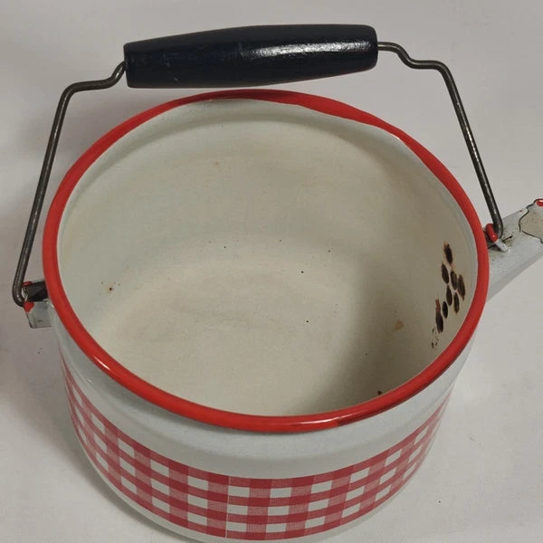 Enamelware Red White Gingham Check Teapot Kettle Metal Rustic Farmhouse Decor