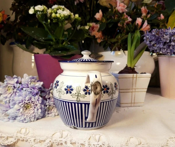 RARE antique enameled french teapot BB freres blue flowers stripes 1930 Art Deco